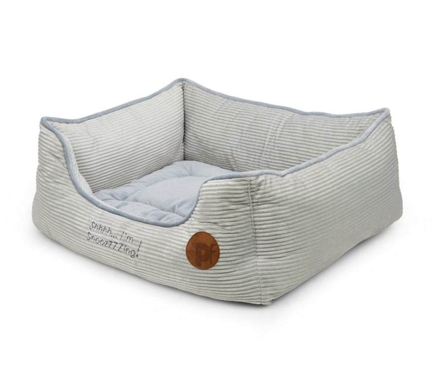 Grey Square Dog Bed With Shhh... I'm Snoozzzzing Embroidery