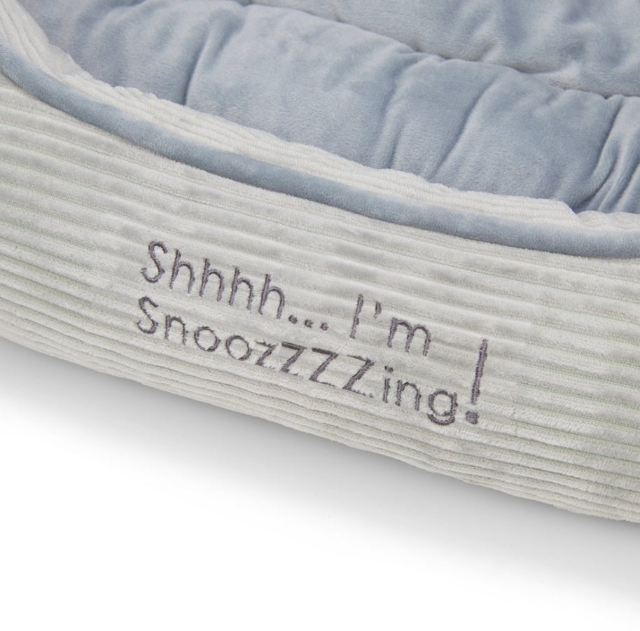 Grey Square Dog Bed With Shhh... I'm Snoozzzzing Embroidery