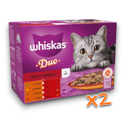 Whiskas 1+ Duo Meaty Combos Adult Wet Cat Food Pouches in Jelly 12, 24 & 48 x 85g
